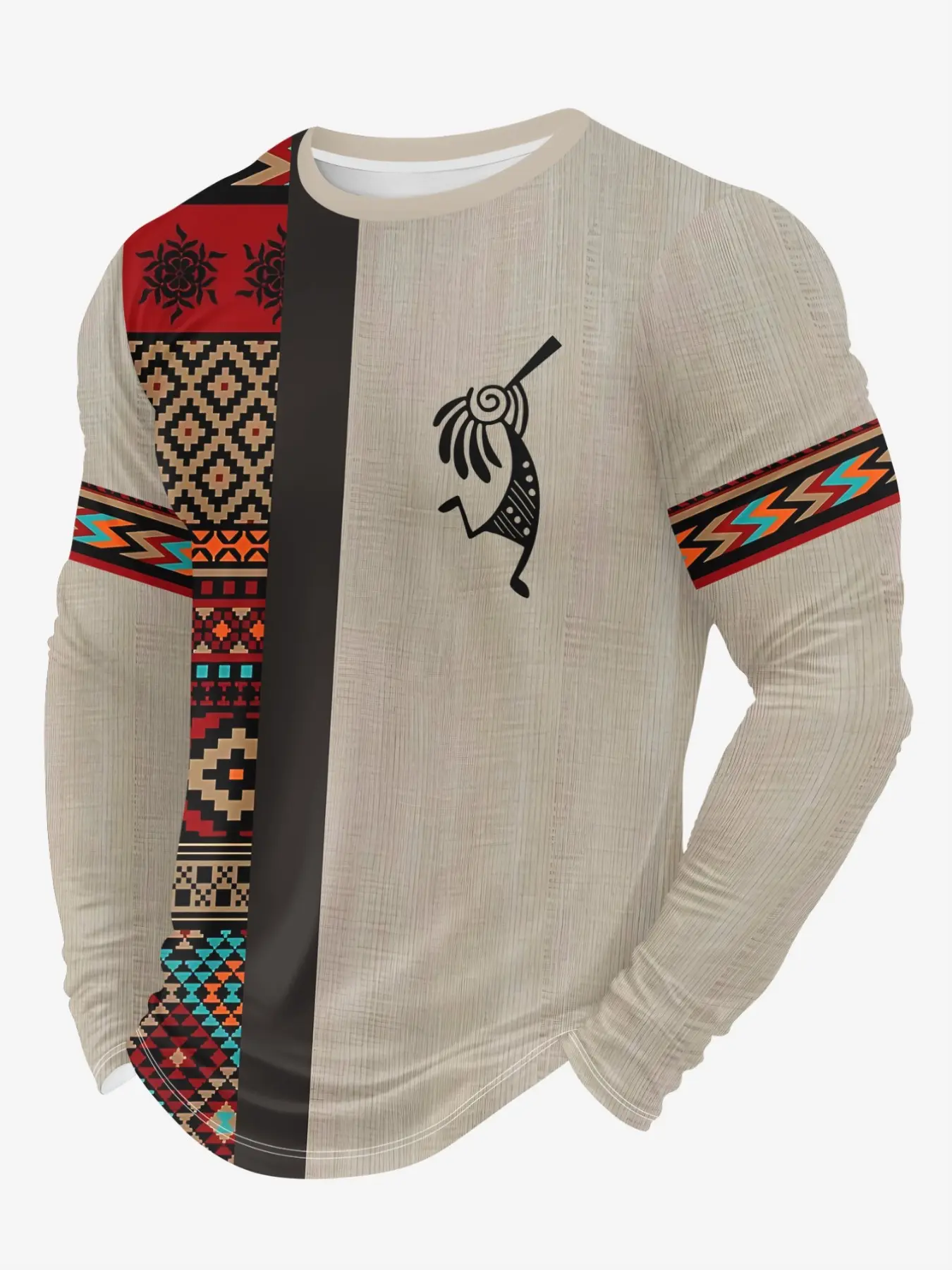 Men's Long Sleeve Casual Sporty Round Neck Top, Vintage Ethnic Pattern, Comfortable Stretch Knit Fabric, Spring & Fall Wear, Knitwear