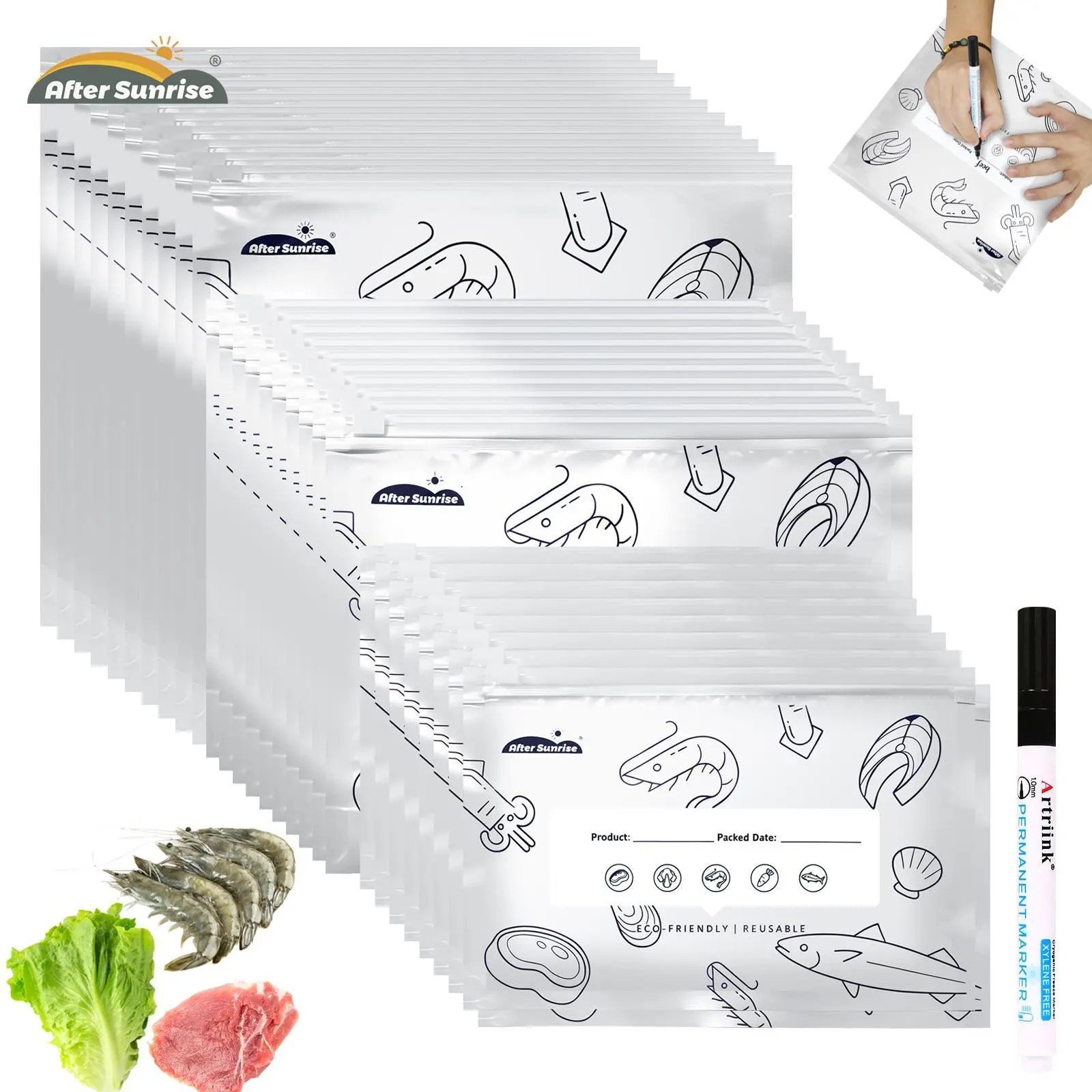 Reusable Aluminum Foil Storage Bags, Aftersunrise 2026 New Insulated Airtight Vacuum Zipper Pouches with Label for Fridge Organization, Lunch at Work & Bento Box Lunch Ideas (Refrigerated Food Compatible, Stand-Up Design)