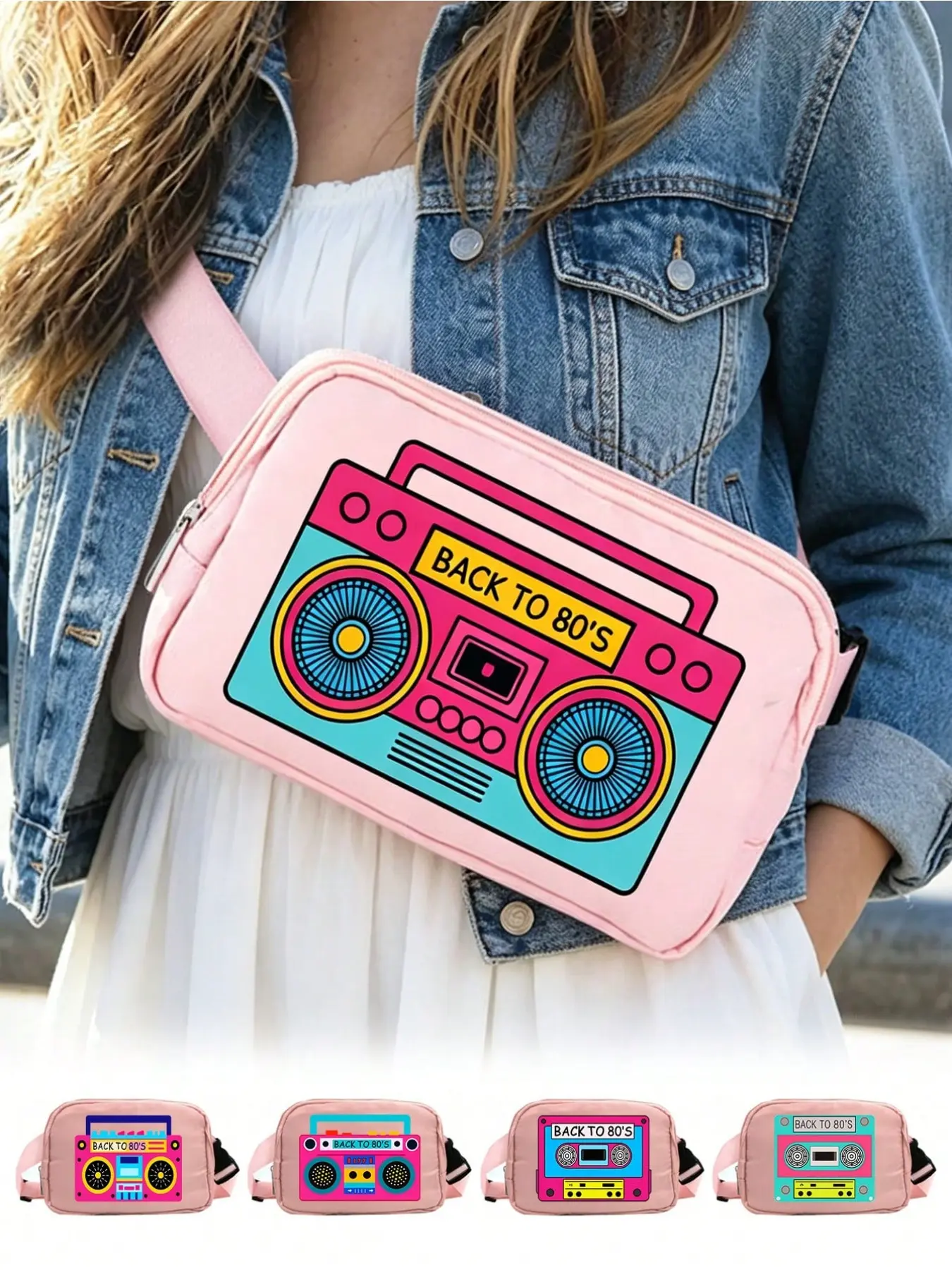 Vintage Cassette Tape Print Crossbody Chest Bag, Fashion Women’s Fanny Pack with "Back to the 80s" Graphic, Lightweight Zipper Mini Shoulder Bag, Waterproof Outdoor Sports Crossbody Bag with Adjustable Strap, Ideal for Daily Use, Outings & Shopping