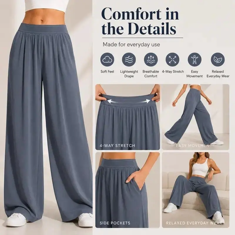Women's High Waisted Wide Leg Lounge Pants with Pockets Lightweight Stretch Casual Yoga Travel Pants