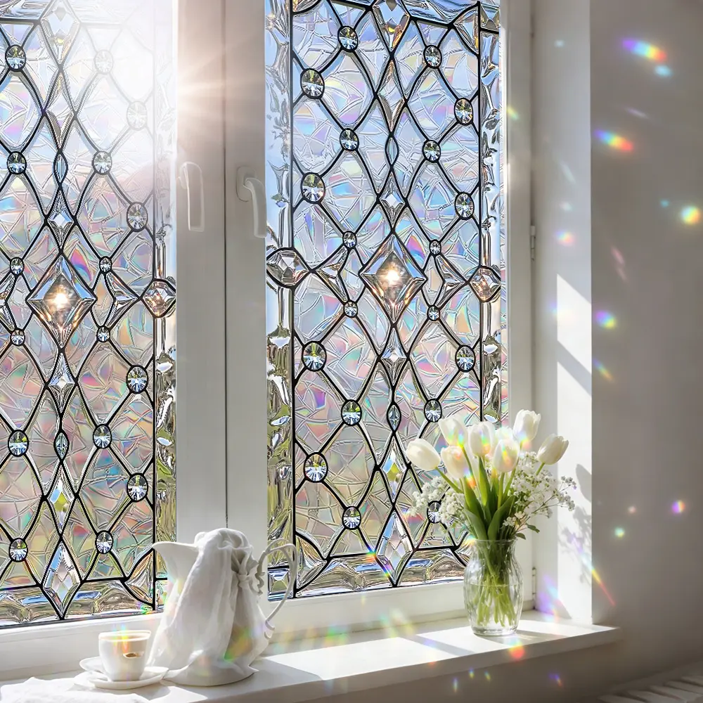 Stained Glass Window Film Diamond Grid Privacy Static Cling Rainbow Holographic Vinyl Window Sticker, Removable No Residue PVC Film for Apartment, Office, Bathroom Decor, Removable Window Decal, Decorative Stickers