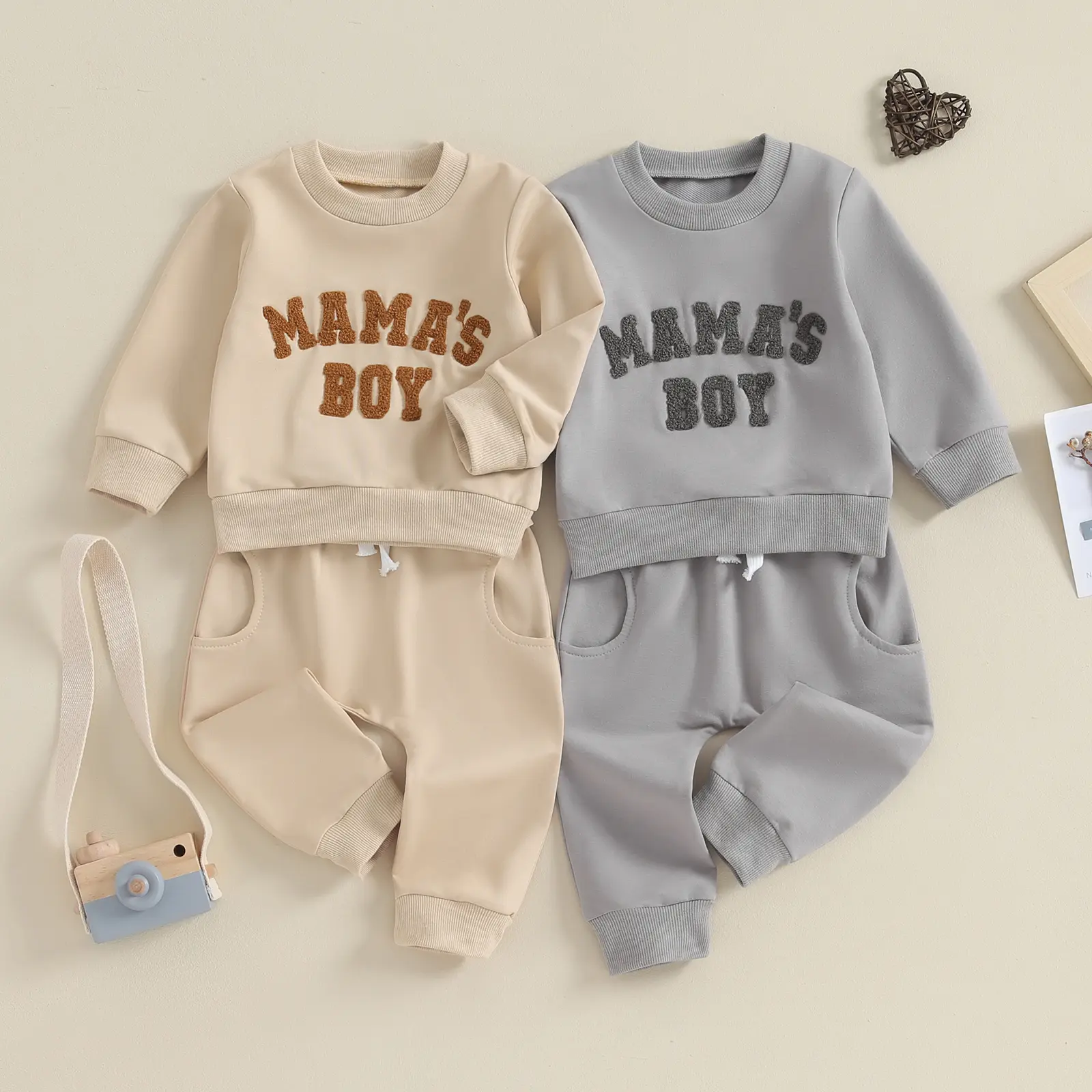 Ma&Baby Toddler Baby Boy Fall Winter Outfits Mamas Boy Sweatsuit Letter Embroidery Sweatshirt And Pants Set 2 Piece Clothing