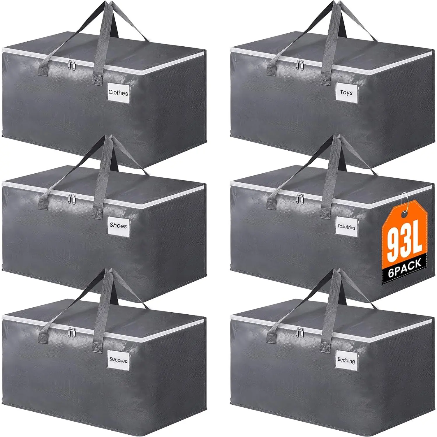 Large Moving Bags, Storage Bags with Zippers, Handles Moving Supplies with lids, Heavy Duty Totes for Storage Bags for Space Saving, Moving and Storing 93L, 6 Pack
