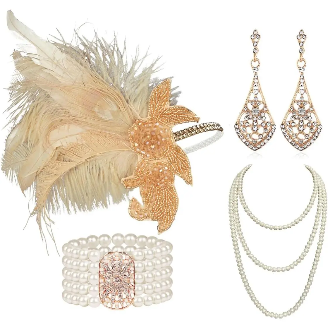 Flapper Costume Set for Women, 4-Piece 1920s Gatsby Party Accessories with Feather Headband, Pearl Necklace, Earrings and Long Gloves, Party Outfit, Flapper Theme, Modern