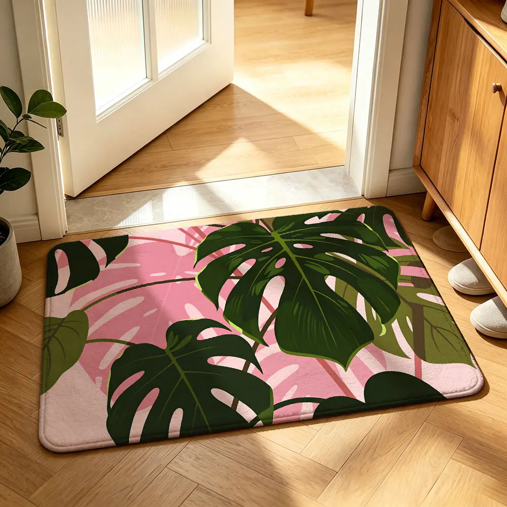 1pc Pink Base Green Monstera Leaf Print Rectangular Floor Mat, Entrance Hallway Courtyard Outdoor Bathroom Non-slip Long Entry Mat, Aesthetic Art Home Decor for All Rooms, Gift Idea