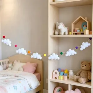 Nordic Felt Cloud and Pompom Garlands String Wall Hanging Decor Kids Room Bed Curtain Hanging Ornaments Party Banner Photo Props