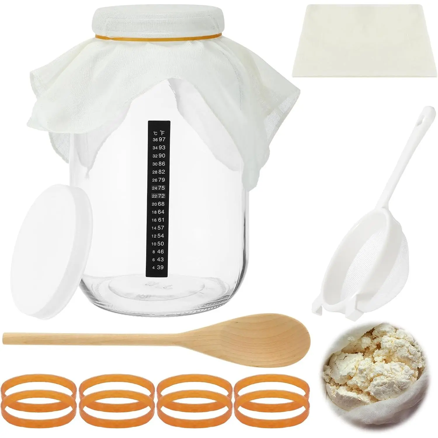 8 count Complete Kefir Starter Kit Kombucha Fermenter Kit Gallon 128oz Mason Jar Wide Mouth with Plastic Storage Lid Nylon Mesh Strainer  Cloth Cover and  Spoon