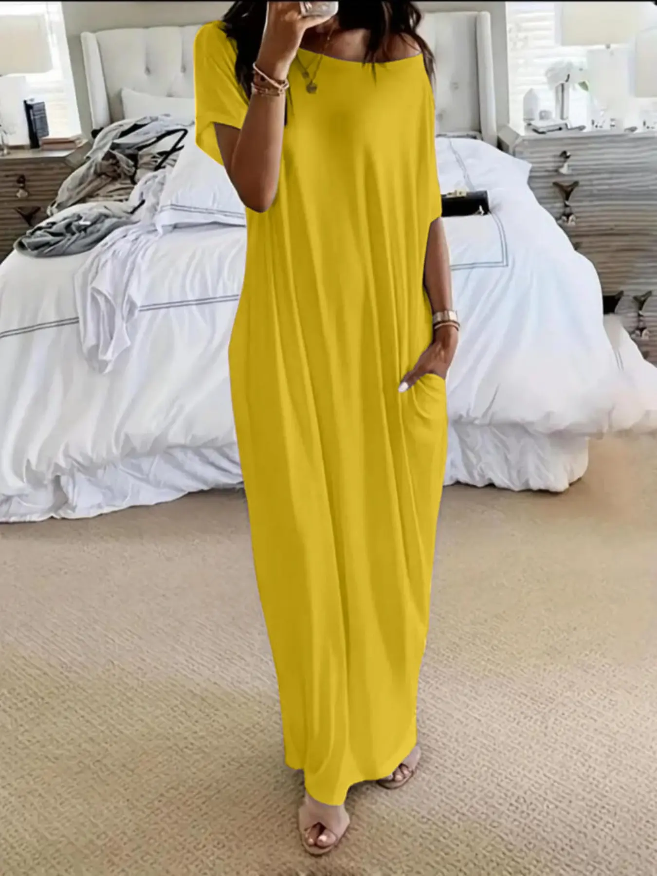 2026 New Bohemian Boho Style Casual Urban Asymmetrical Short Sleeve Solid Dress, Versatile Simple Fashion Elegant Chic Loose Comfortable Long Dress, Suitable for Work Commute, Daily Outing