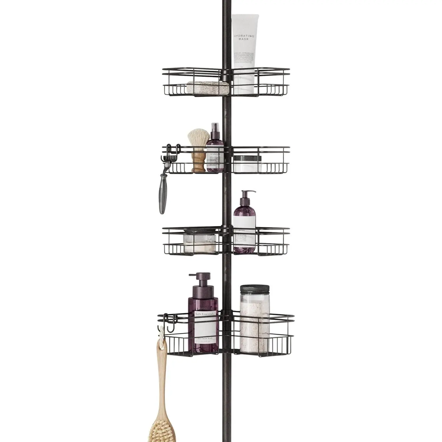 Tension Pole Shower Caddy Corner Organizer, Adjustable Standing Shower Caddy with 4 L-shaped Baskets and Hooks, Rust Resistant Bathroom Tension Rod Organizer, 60 to 97 Inch, Bronze