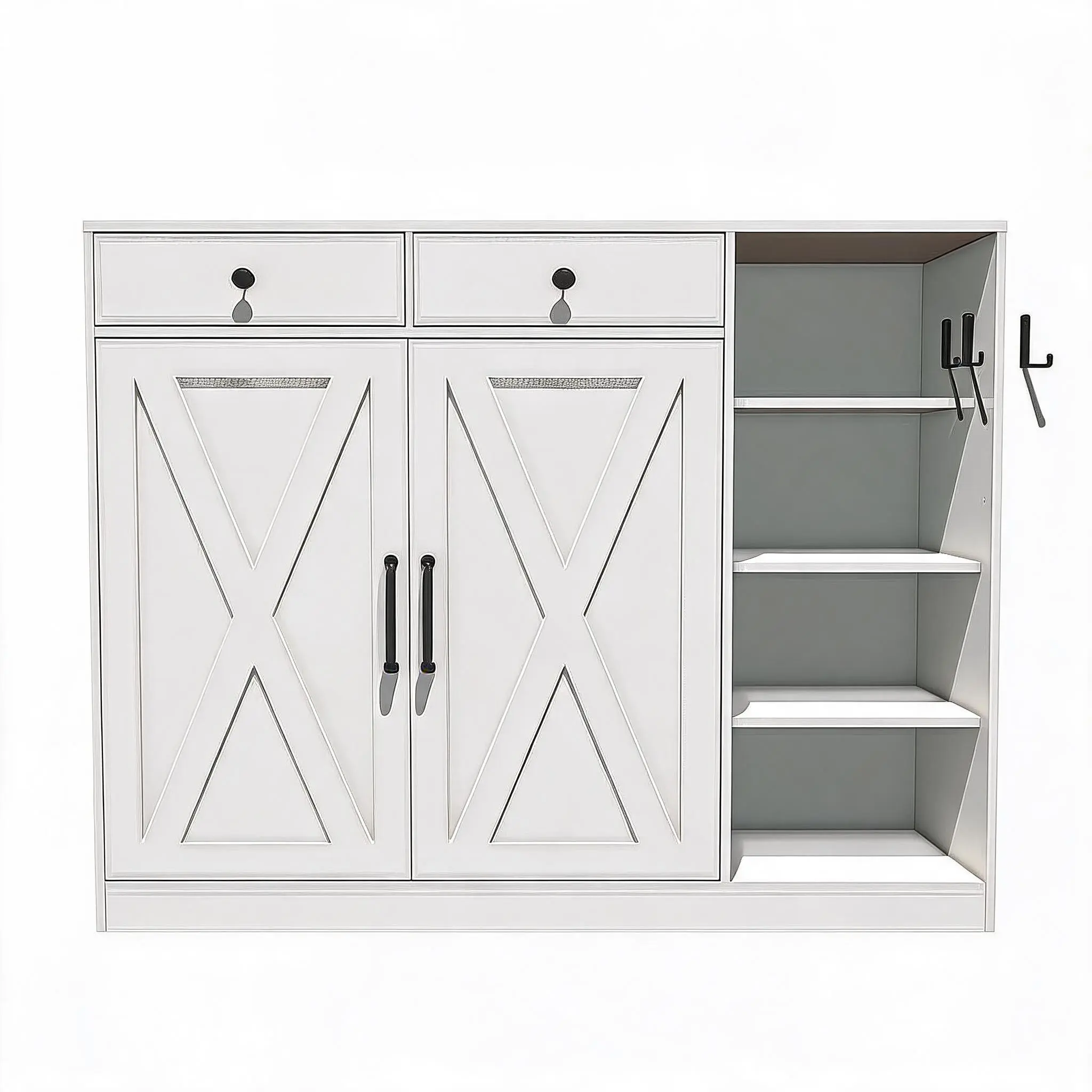 Farmhouse Shoe Storage Cabinet for Entryway or Closet - 5-Tier Wood Organizer with 2 Barn Doors, 2 Drawers, Adjustable Shelves, Open Racks, Cubbies & Hooks