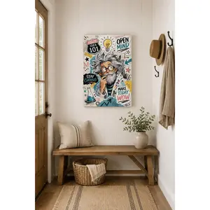"Playful Einstein-Inspired Collage" Canvas Wall Art, Whimsical "Stay Curious" & Lab Print, Aesthetic Living Room Bedroom Decor, Educational Modern Statement Poster Gift,wall decor,poster.
