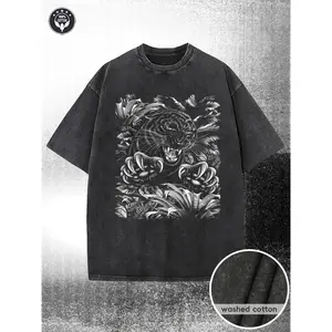 180g[100%cotton]Washed Batik Cotton T Shirt Roaring Tiger Graphic Print Thick Fabric Machine Washable Casual Summer Top Great For Outdoor Activities And Holiday Gifts