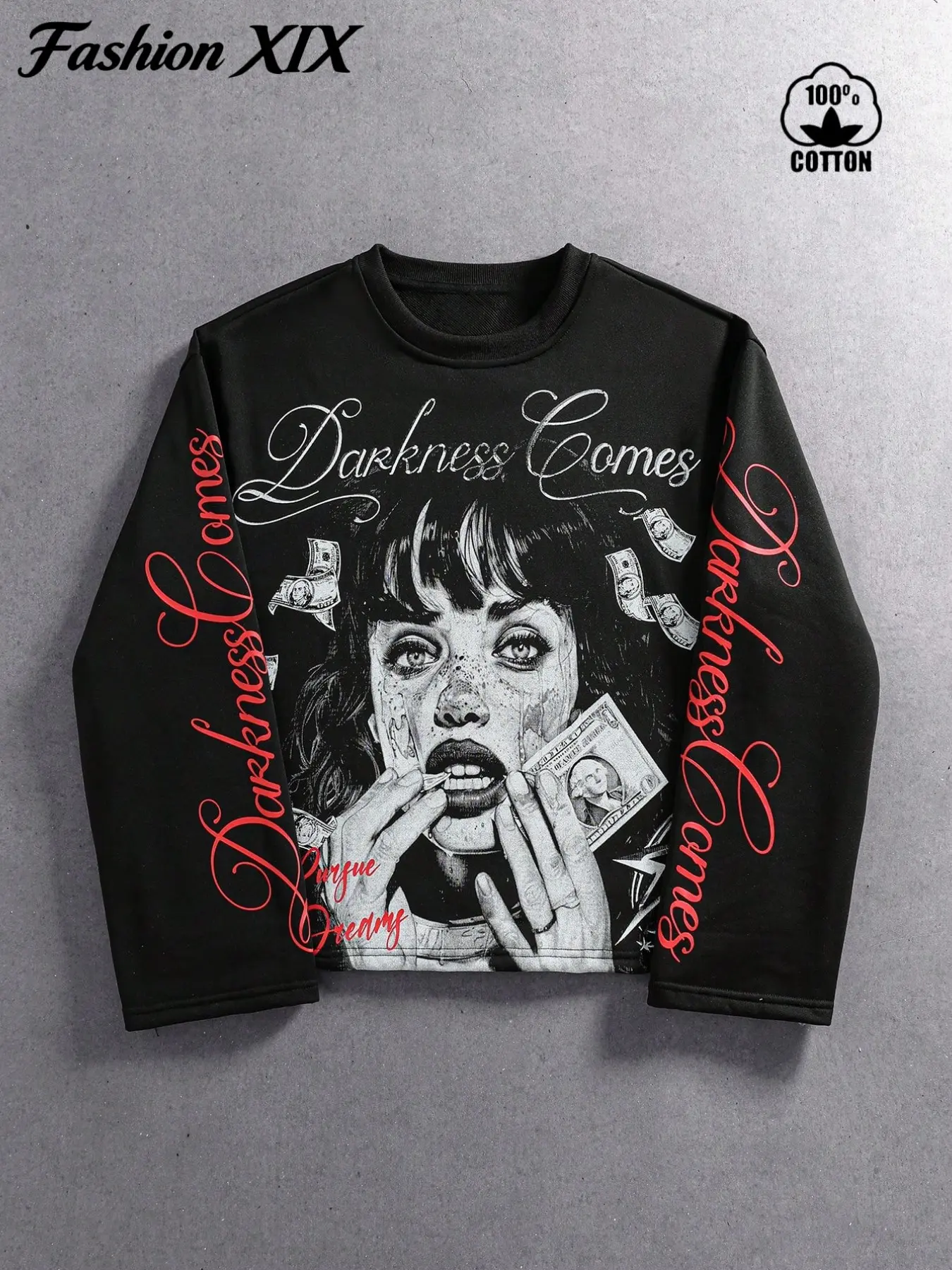 Unisex Y2K Grunge Gothic Cropped Crew Neck Sweatshirt, Dark Art Money Girl Statement Graphic Long Sleeve Loose Boxy Top, All‑Season Alt Street Club Halloween Outfit for Gen Z Teen Men Women Rare Aesthetic Grunge Pullover