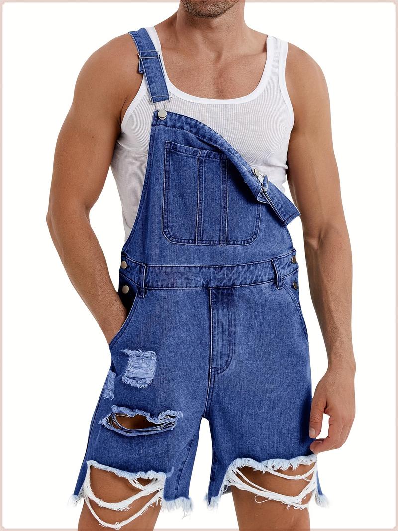 Runcati Men's denim shorts bib overall jean romper, offering a casual loose fit with buttoned pockets, perfect for summer wear as a comfortable and stylish jumpsuit.