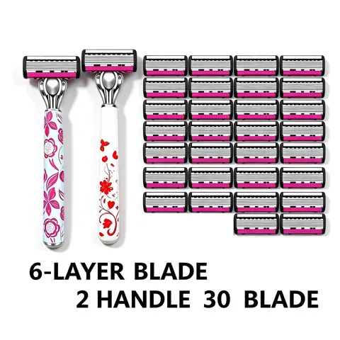 Unisex 6‑Layer Manual Razor Set, Reusable Handle with Replaceable Razor Heads, Multipurpose Shaving Tool for Men Women, Home Body Shave Kit, Shaving Razors