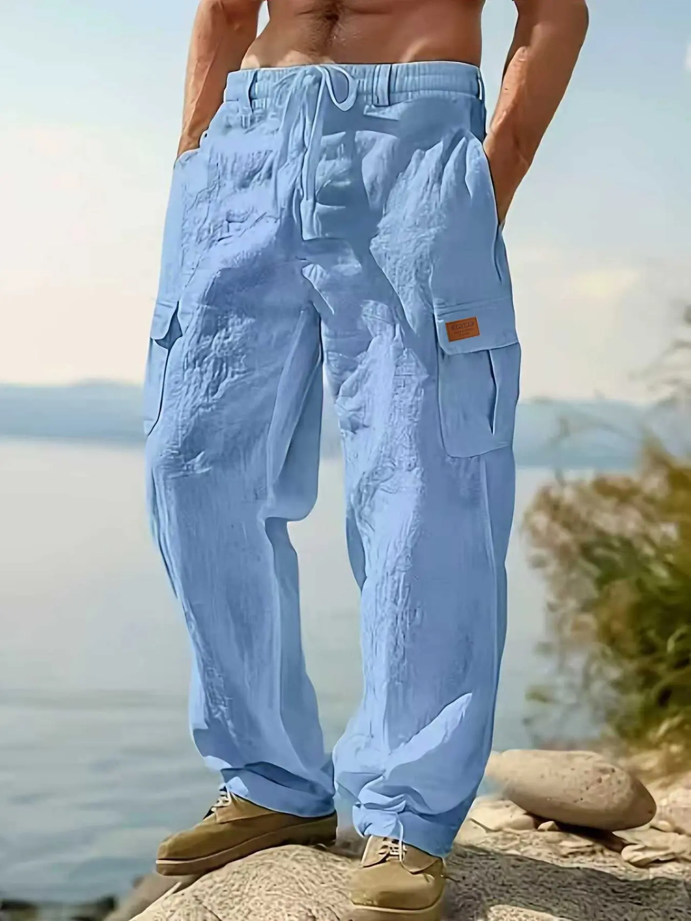 Men's Linen Work Pants, Drawstring Multi-Pocket Straight Leg, Breathable Casual Pants, Casual Outdoor Trouser, All Seasons Outdoor Beachwear, Casual Comfy Trouser