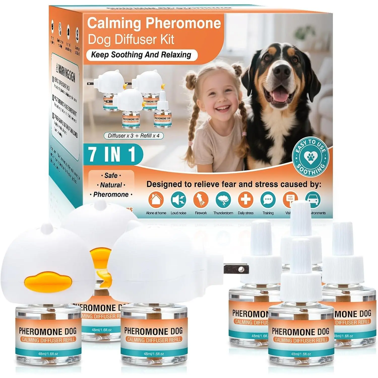 Dog Calming Pheromones Diffuser 7 In 1 Advanced Kit for Pet Anxiety Relief, Appeasing Pheromone Diffuser Reduce Aggression Fighting Barking Stress, 3 Plug in + 4 Pack 48ml Tasteless Refill