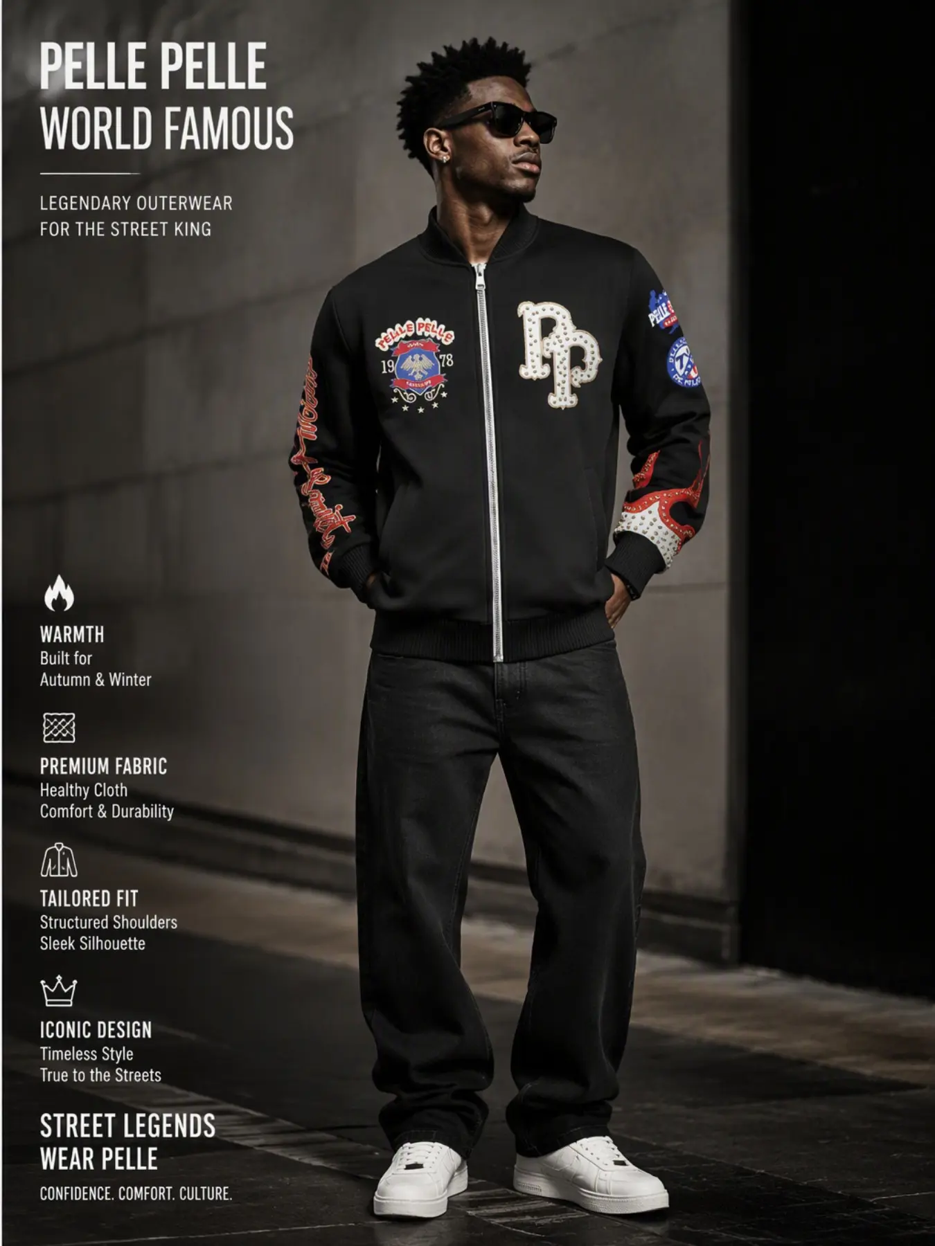 Men's Rhinestone Letter PP Pattern Full Zip Baseball Jacket, Vintage Eagle Badge Flame Collar Windproof Coat, Hip Hop Streetwear Fall Winter Outerwear