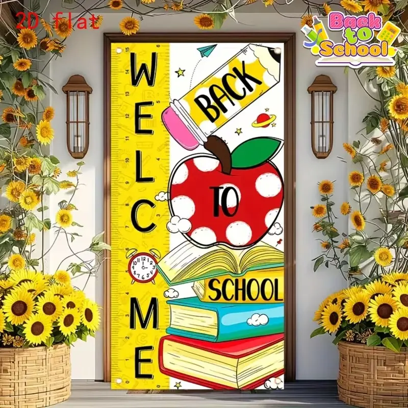 2D Flat Door Banner, Welcome Back to School Design, Apple Pencil Book Theme, Durable Material, Home Office Library Decor, Easy Hang