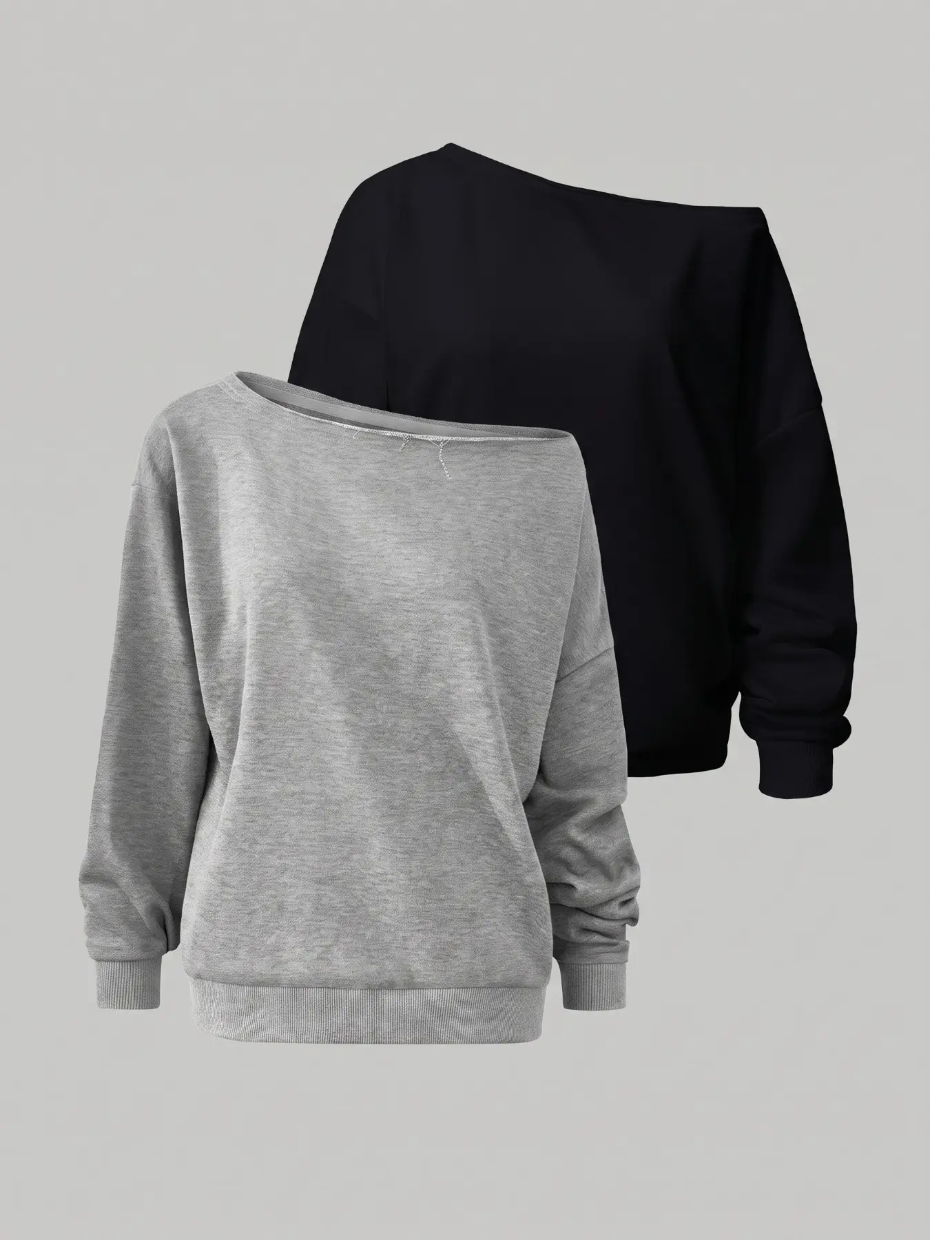 Soft French Terry Slouchy Oversized Cozy 2 Pack Lounge/Daily/Streetwear Off The Shoulder Sweatshirt Set, Casual Long Sleeve Asymmetric Neck Relaxed Fit Basic Pullover Tops For Women, Trendy Black & Gray Daily Matching Outfit Bundle For Everyday Wear