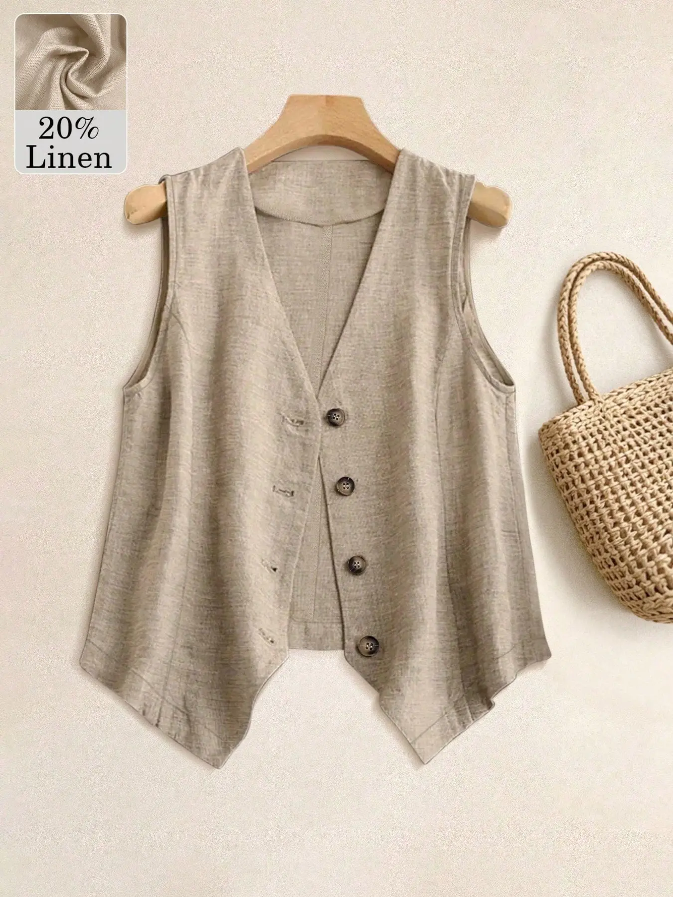 Elegant Vintage V-Neck Sleeveless Waistcoat for Women, Asymmetrical Hem Single Button Design, Lightweight Summer Blazer Vest, Vneck
