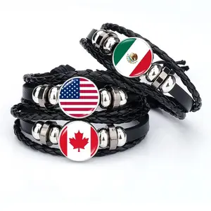 North American Flag Bracelet for Men Women Football Game USA Canada Mexico Guatemala Panama Woven Leather Bangles Souvenir Gift