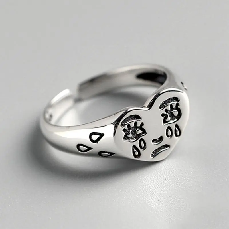 Gothic Crying Face Open Ring, Punk Style Silver-Tone Metal Jewelry with Heart Detail, Unisex Handmade Statement Accessory for Daily Fashion, Elegant, Letter, Metal Coating