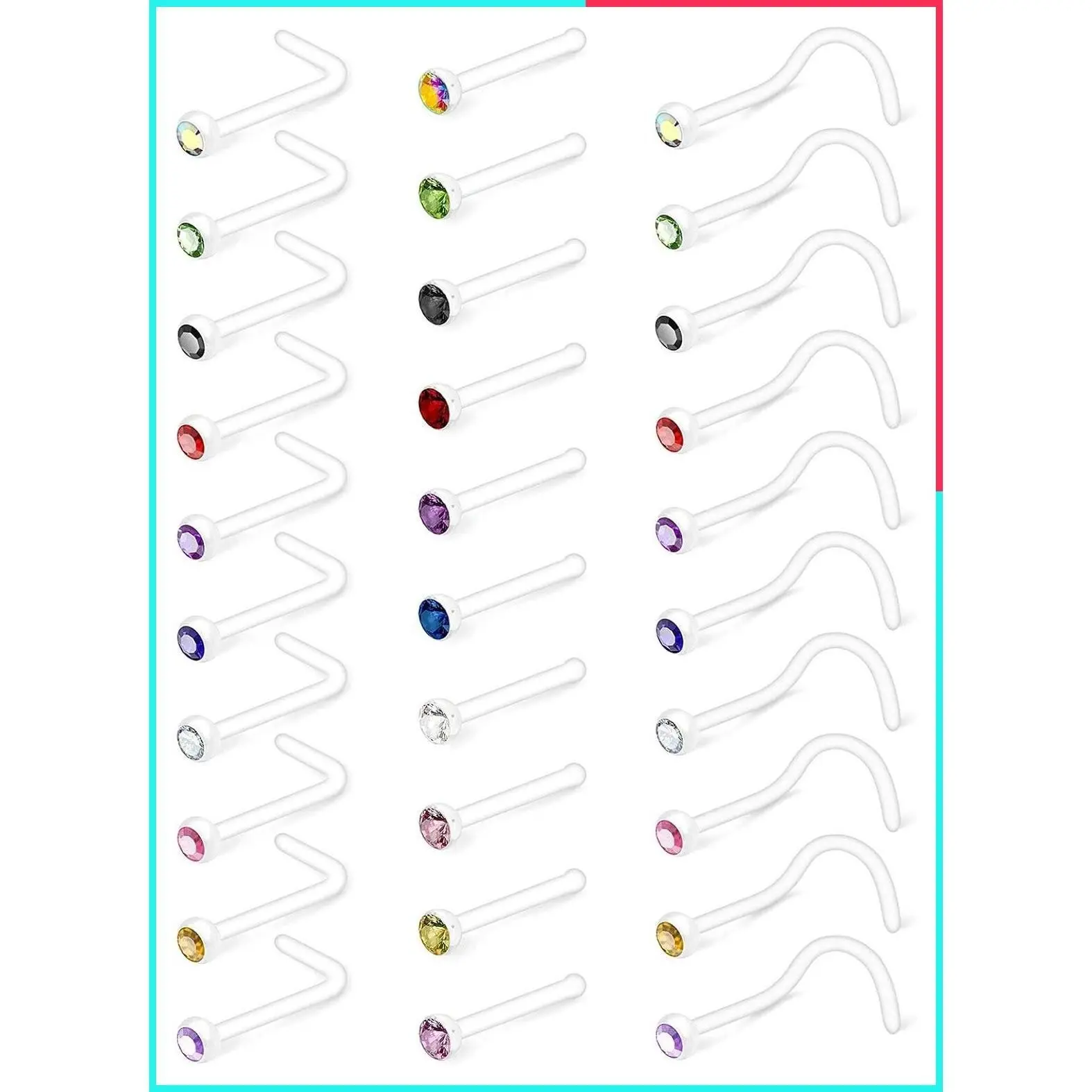 20G 30Pcs Clear Bioflex Nose Rings Retainer with Mix Color CZ, Hypoallergenic Nose Piercing Body Jewelry for Women Men