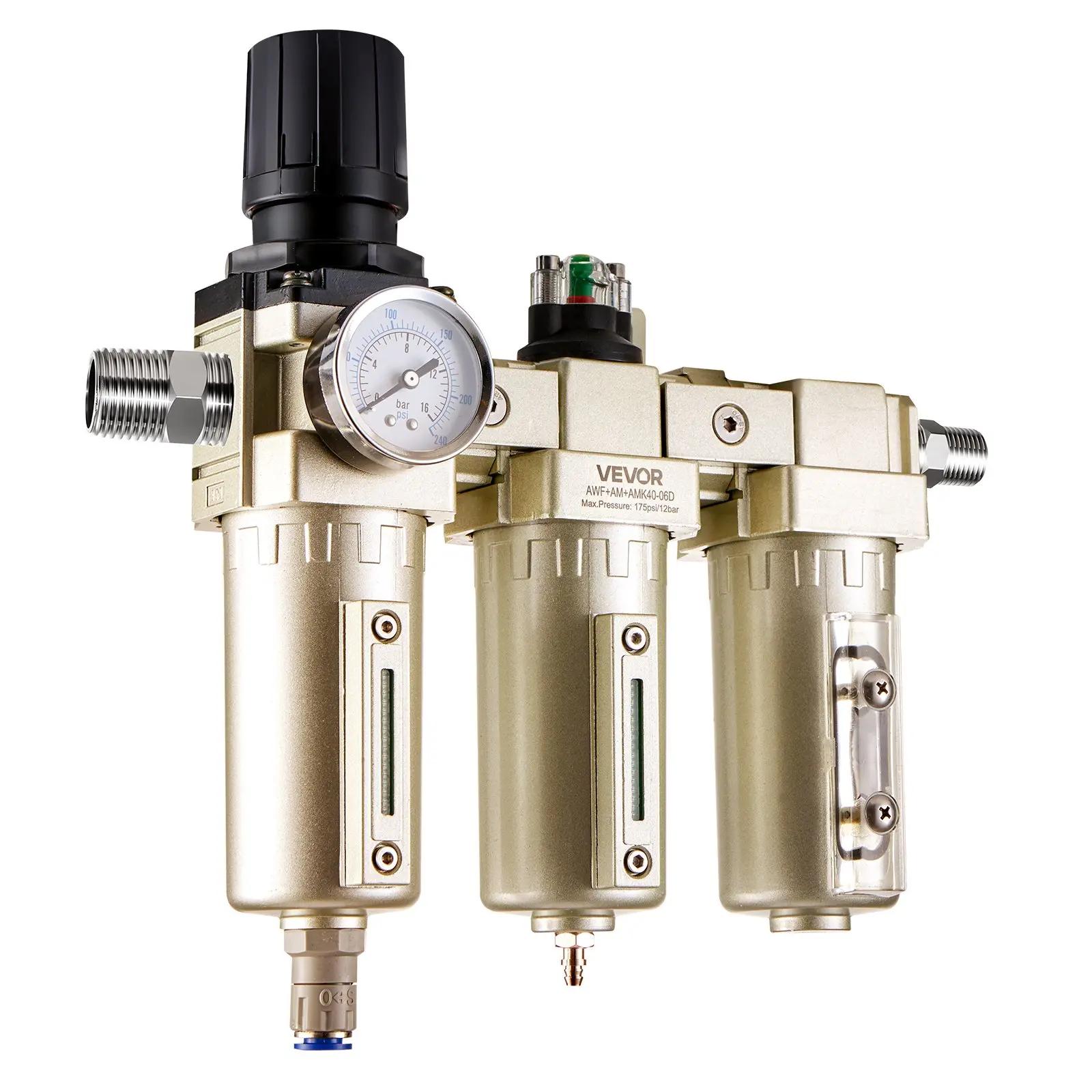 【toolupgrade】VEVOR Air Compressor Filter Regulator, 3/4" NPT 3-Stage 5m 0.3m 0.1m Air Drying System with Micron Filters and Desiccant Dryer, Auto Drain Air Compressor Water Separator 175PSI Max Pressure