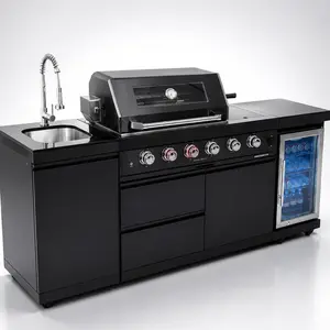 ARCH Furniture 85-Inch Outdoor Kitchen Gas Grill Island, 4-Burner Stainless Steel with Granite Countertops, Glass Door Refrigerator, Rotisserie Kit & Sink, Black