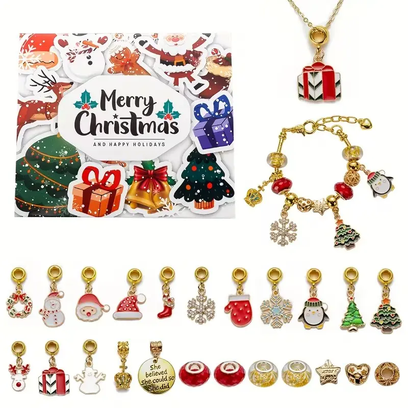 2026 Christmas Countdown Calendar DIY Bead Set, Alloy Jewelry Advent Tree Bracelet Gift Box, Ages 14+