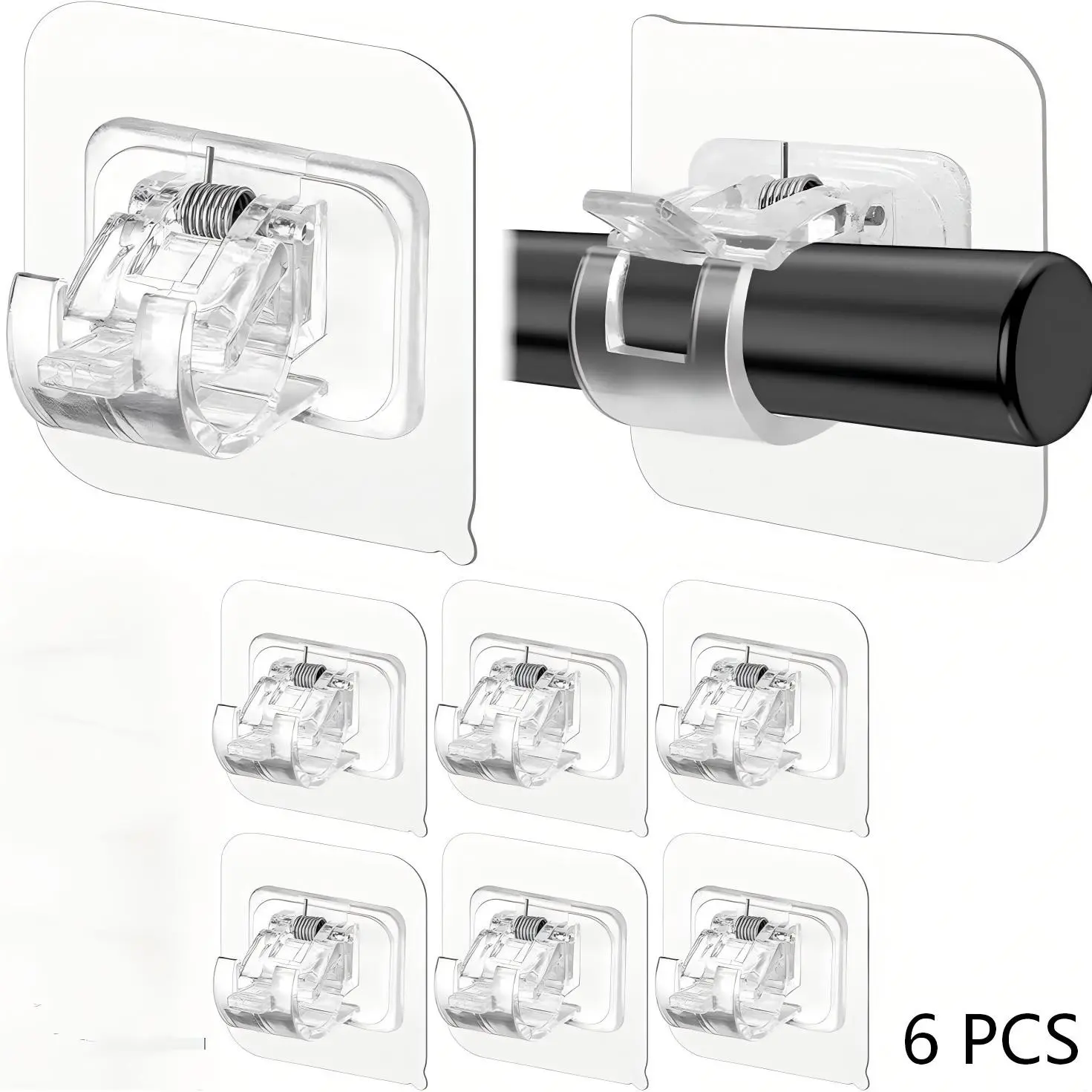 6 Pack No-Drill Curtain Rod Brackets, Self Adhesive Adjustable Hooks, Curtain Rod Holders Strong Sticky Hold, Fits 0.78-1.57 Inch Poles, Transparent Color, Interior Decoration Accessories