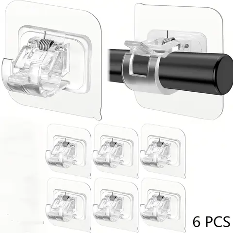 6 Pack No-Drill Curtain Rod Brackets, Self Adhesive Adjustable Hooks, Curtain Rod Holders Strong Sticky Hold, Fits 0.78-1.57 Inch Poles, Transparent Color, Interior Decoration Accessories