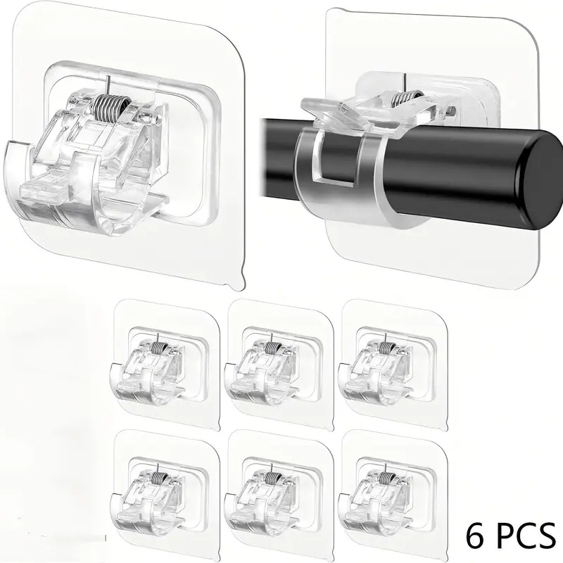 6 Pack No-Drill Curtain Rod Brackets, Self Adhesive Adjustable Hooks, Curtain Rod Holders Strong Sticky Hold, Fits 0.78-1.57 Inch Poles, Transparent Color, Interior Decoration Accessories