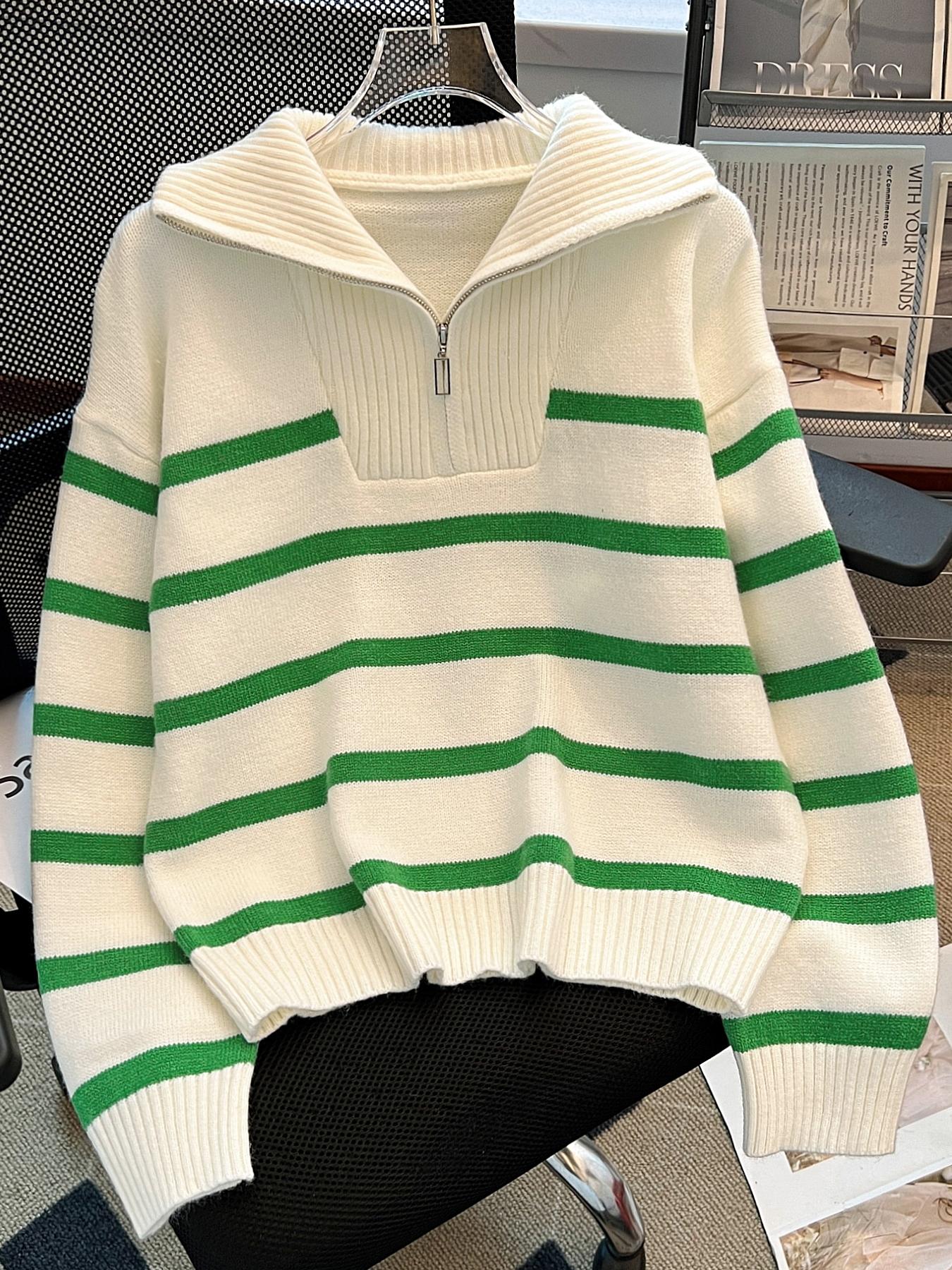 Women's Striped-Print Drop-Shoulder Sweater with Half-Zipper, Casual Long-Sleeve Collared Jumper for Daily Outdoor Wear, Knitwear for Fall & Winter, National Day Outfit