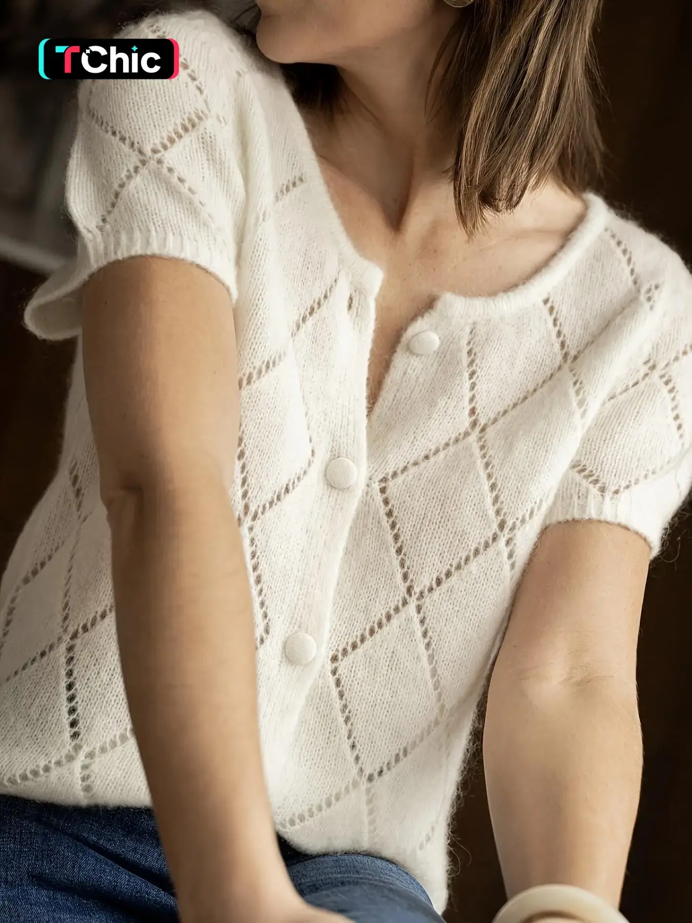 French Gentle Style Knit Cardigan, Casual Knitted, Knitwear, Breathable Soft, Short Sleeve Hollow Texture, Round Neck Button Design, Casual Everyday Fitted Top for Spring Summer Fall Womenswear Knitting