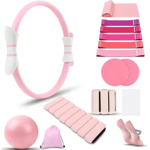 Pilates Ring and Ball Set for Women with Magic Circle, Home Pilates Equipment Kit with Adjustable  Ankle Wrist Weight, Resistance Band, Gliding Discs, Pilates Accessories