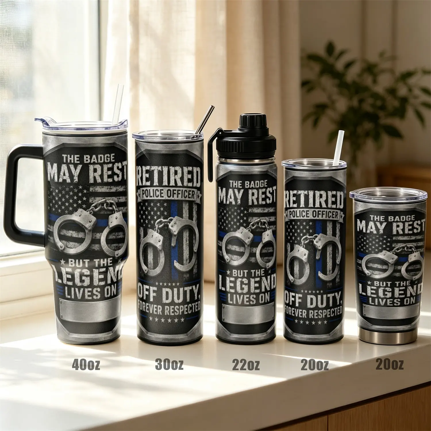 1pc, 40oz/30oz/22oz/20oz Retired Police Officer Tumbler, Vacuum Insulated Stainless Steel Travel Mug with Leak Proof Lid, 12H Cold 8H Hot Insulated Cup for Gym Office Commute Hiking, Birthday Christmas Gift for Retired Cop Family