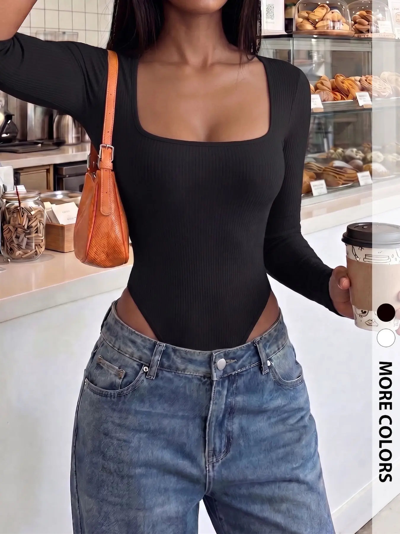 Minimalist Chic: Black Square-Neck Long Sleeves Bodycon Bodysuit Fit for an Effortless French Elegance Look 🖤 #minimalist #bodysuit #chicstyle