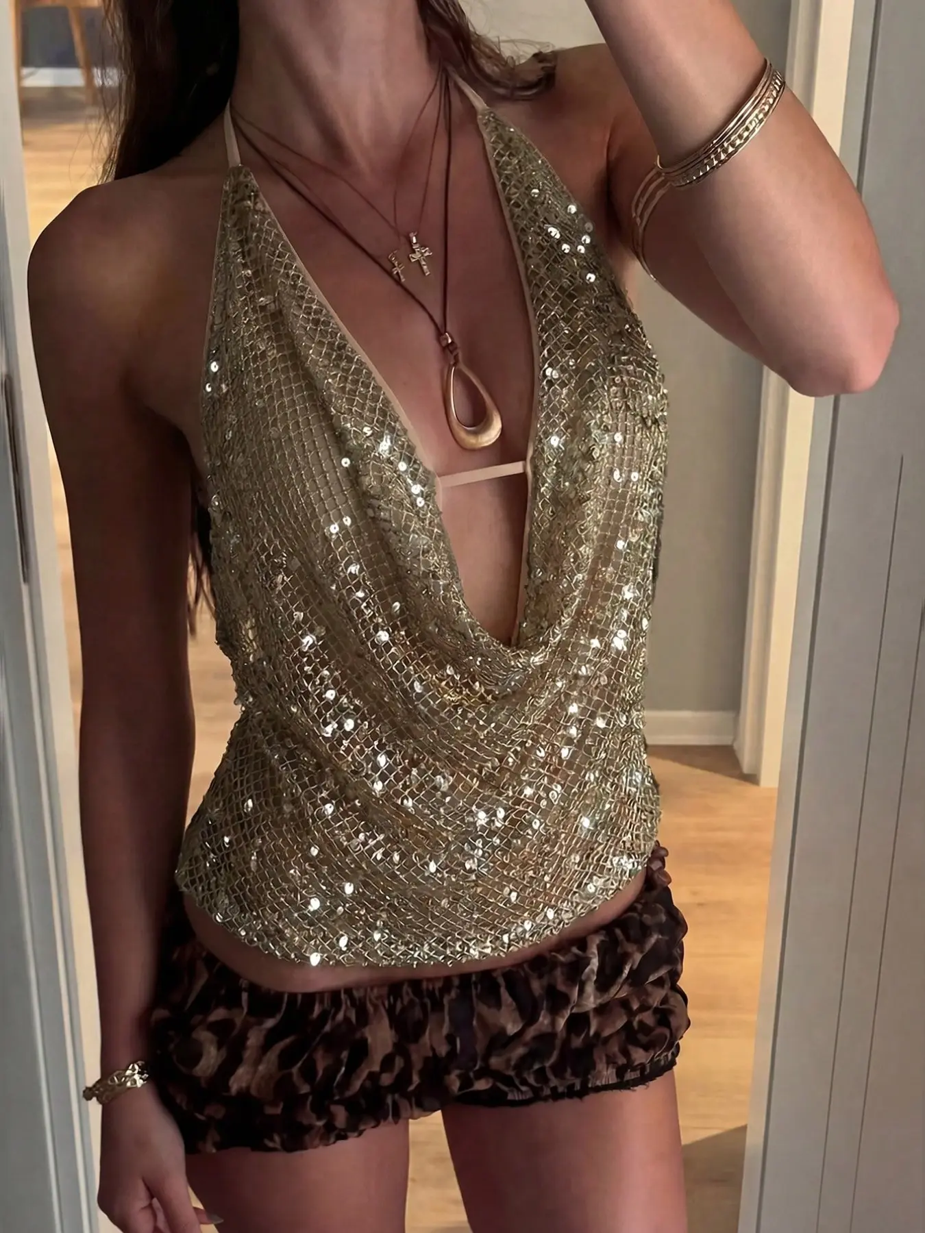 Apricot Sequin Halter Neck Cowl Front Crop Top Women Deep V Backless Sleeveless Camisole Sexy Clubwear Party Top Glitter Mesh Y2K Streetwear Summer Going Out Top Elegant Chic Bodycon Tank Fashion