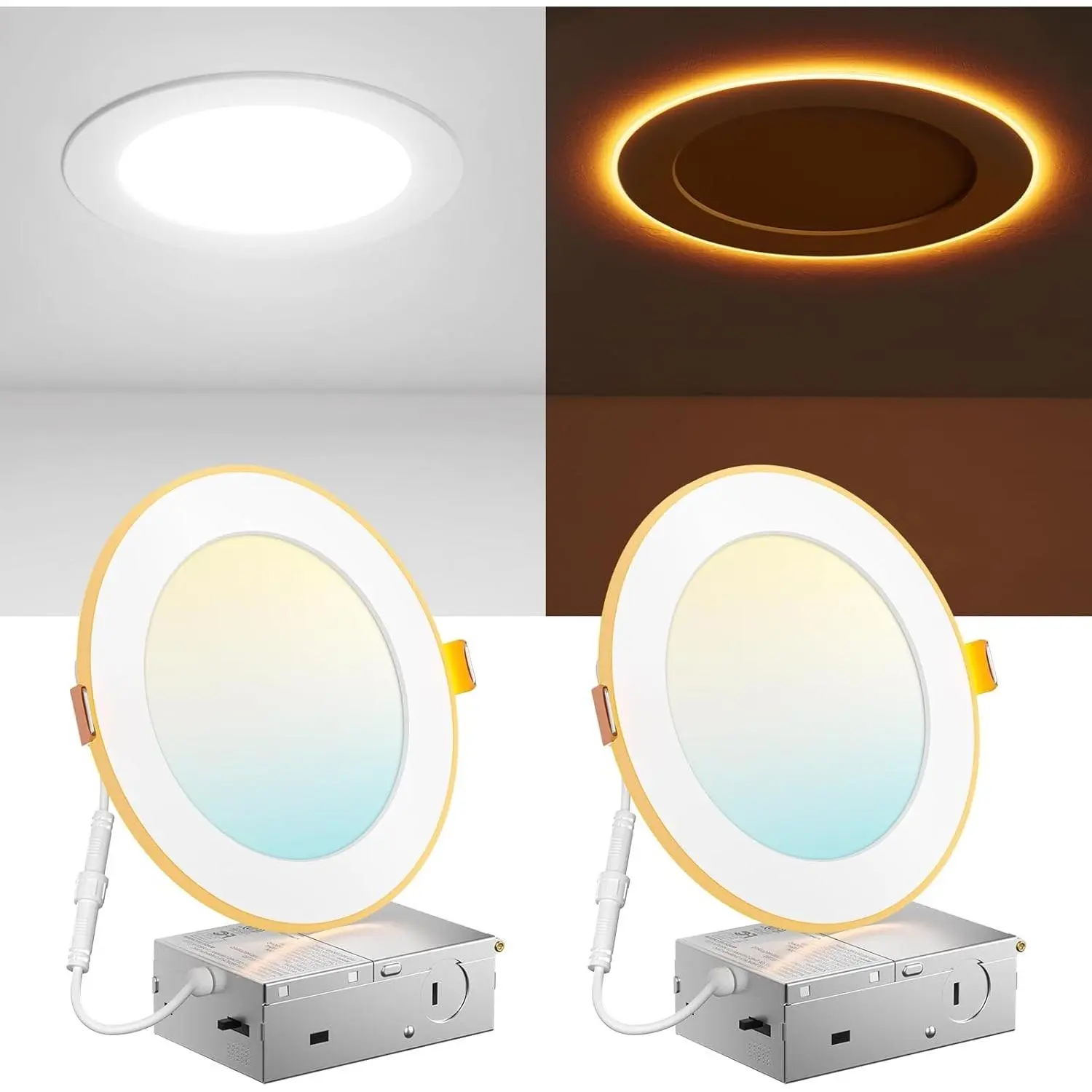 2 Pack 6 Inch 5CCT LED Recessed Ceiling Light with Night Light, 2700K/3000K/3500K/4000K/5000K Selectable Ultra-Thin Lighting, 12W=110W, 1100LM, Dimmable Canless Wafer Downlight ETL&FCC