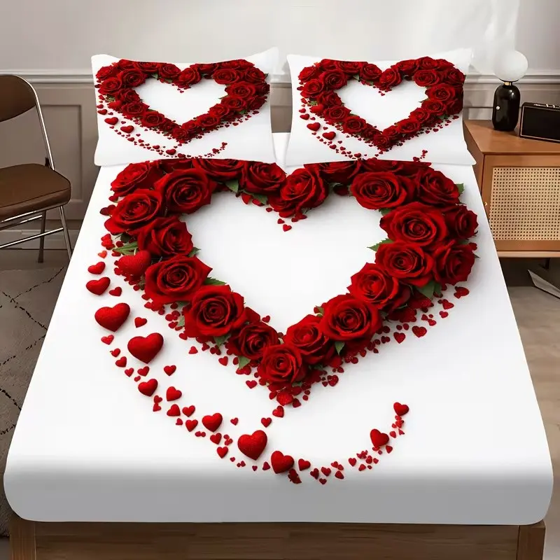 Heart Rose Pattern Bed Sheet Set, Includes 1 Mattress Cover and 2 Pillowcases, Polyester, Digital Print, All-Season Home Textiles