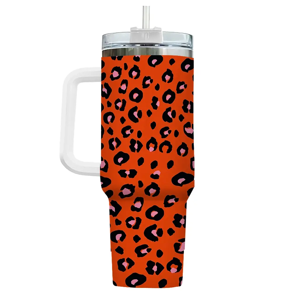 40 Oz BPA Free With Handle & Straw Neon Orange Cheetah Travel Mug For Cars Water Bottles Outdoor Sports Drinkware Flasks Sassy Gift Bachelorette & Girls Gift