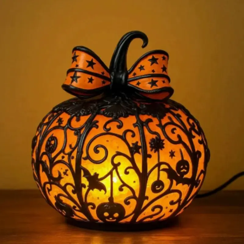 Tiffany Style Halloween Pumpkin Lamp, Party Lighting Decoration, Light Up Pumpkin Decor Light, Atmosphere Ornament For Desktop Home Decor, Soft Glow Pumpkin Light For Halloween Party Cafe Display, Spooky Decor Accessory & Novelty