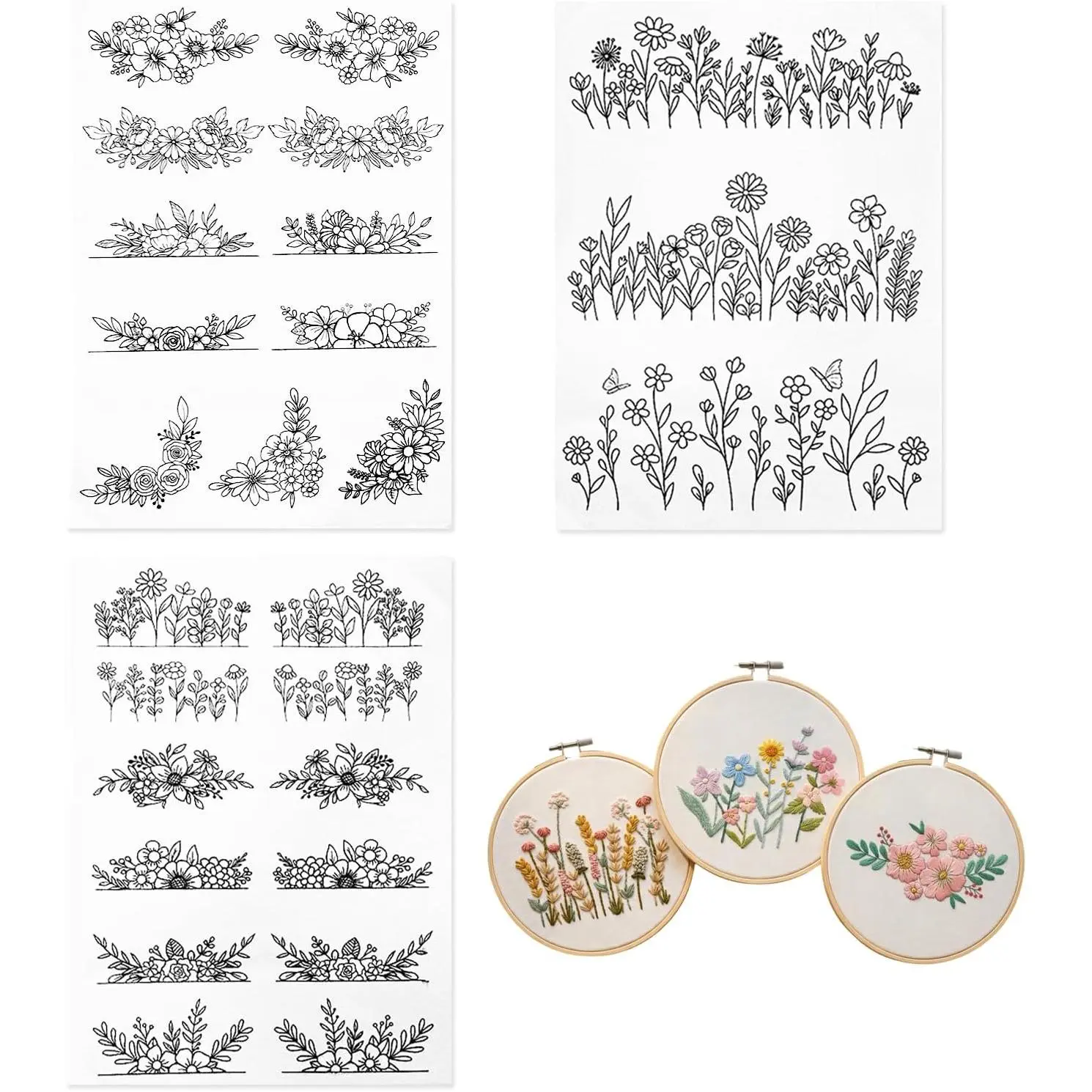 Water Soluble Embroidery Patterns 3 Sheets Stick and  Stabilizer with Pre Printed Floral Flower Leave Designs for Hand Sewing