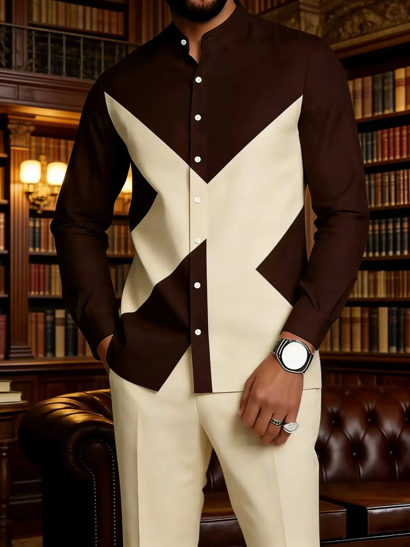 Men's Stand‑Collar Color Block Geometric 2‑Piece Outfit, Long Sleeve Button Shirt & Matching Pants Set, Business Casual Suit for Party Wedding, Menswear
