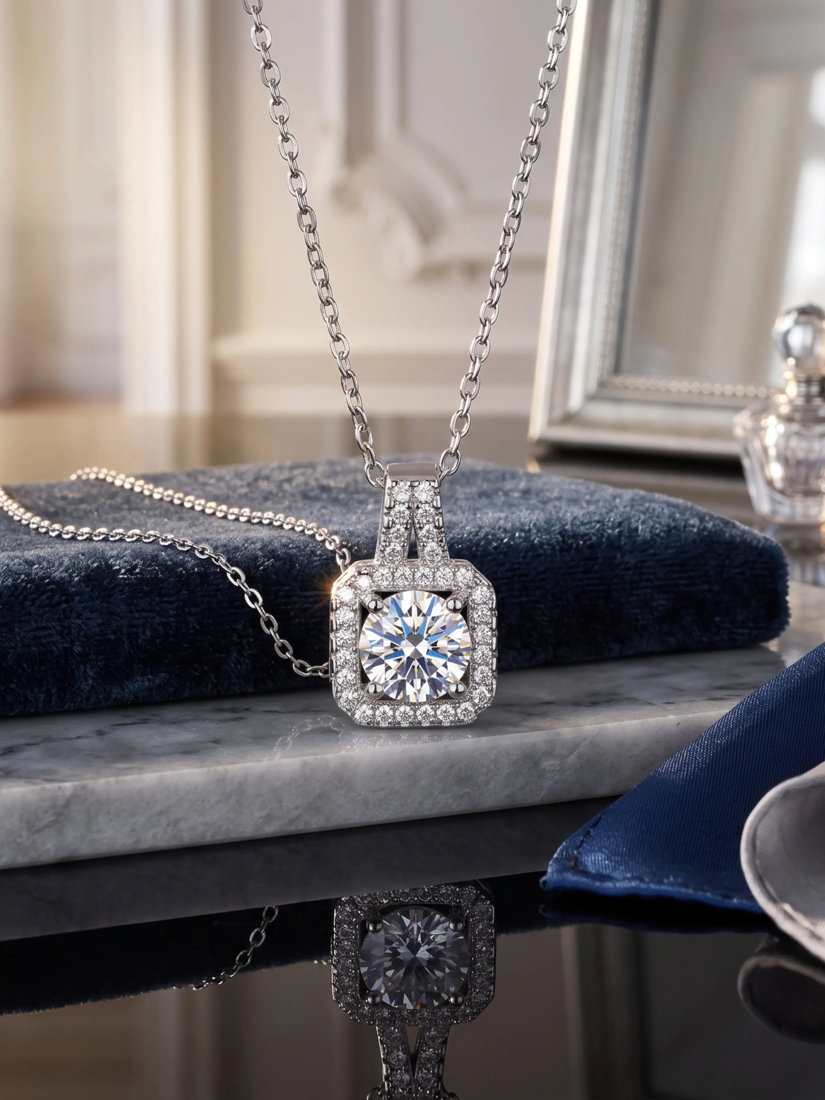 Square Halo Diamond Pendant Necklace, European Luxury Engagement Style, Secure Prong Setting, Versatile Chain for Office Party Daily Wear, Women's Jewelry