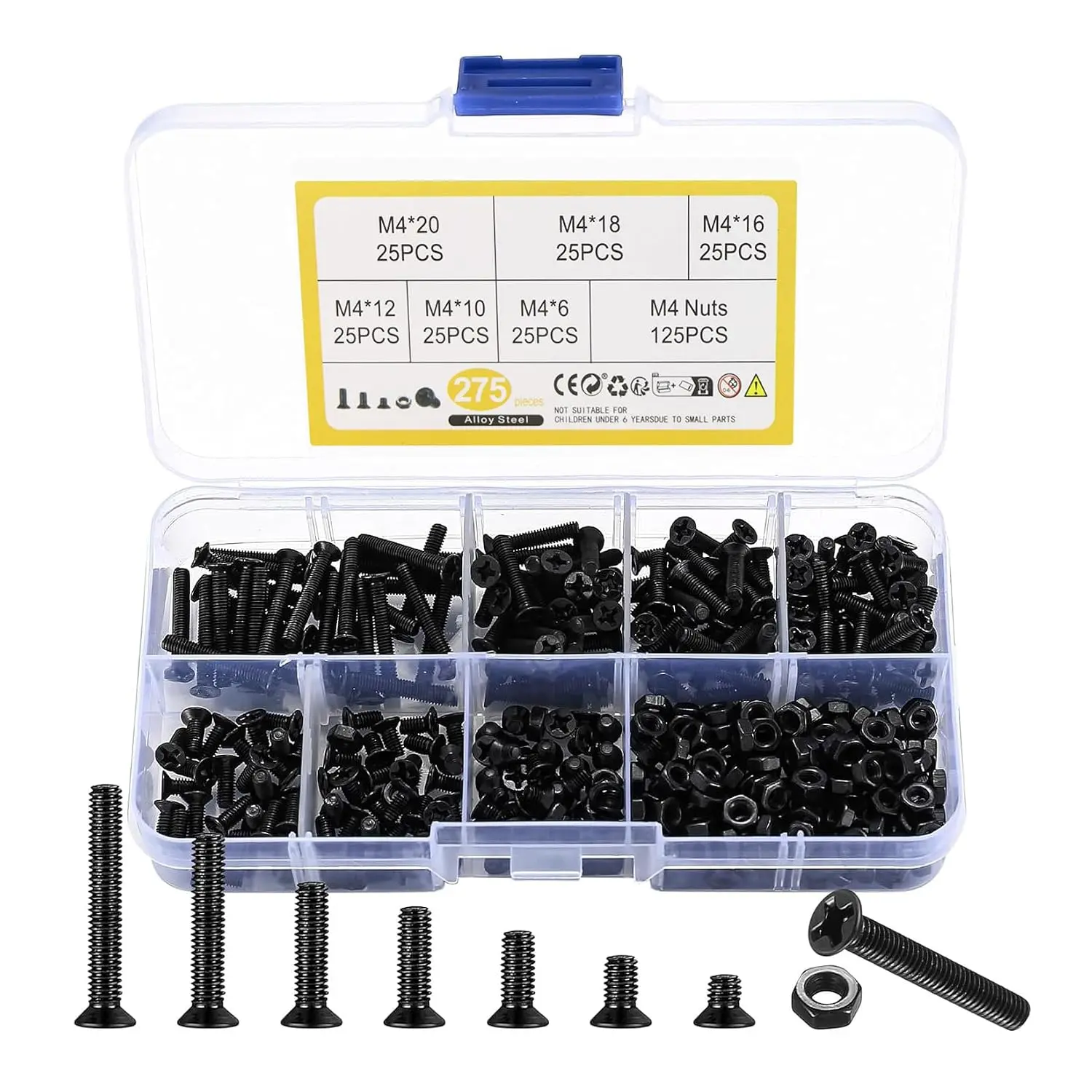 M4 Flat  Machine Screws and Nuts Kit, 275 count Black Countersunk  Phillips Screws  Hex Nuts  Kit - M4 x 6mm/ 10mm/ 12mm/ 16mm/ 18mm/ 20mm