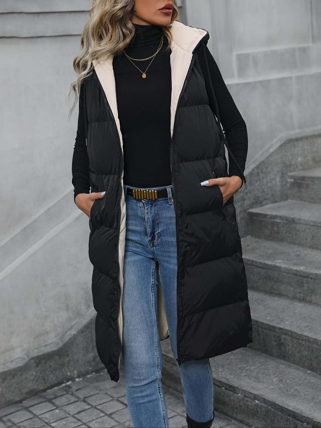 Women's Woven Solid Pocket Zip Up Drawstring Hooded Vest Winter Coat, Casual Fashionable Loose Sleeveless Thick Warm Coat for Daily Outdoor Wear, Women Clothing for Fall & Winter, Womenswear