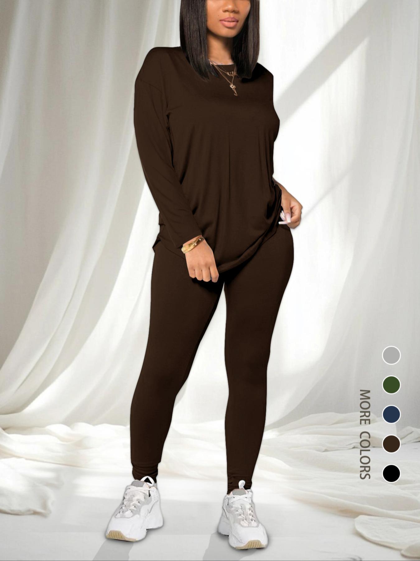 Women's Solid Drop Shoulder Tee & Elastic Waist Skinny Pants Two-piece Set, Basic Casual Fashion Cozy Round Neck Long Sleeve T-shirt & Trousers for Daily Outdoor Wear, Women's Clothing for Spring & Fall